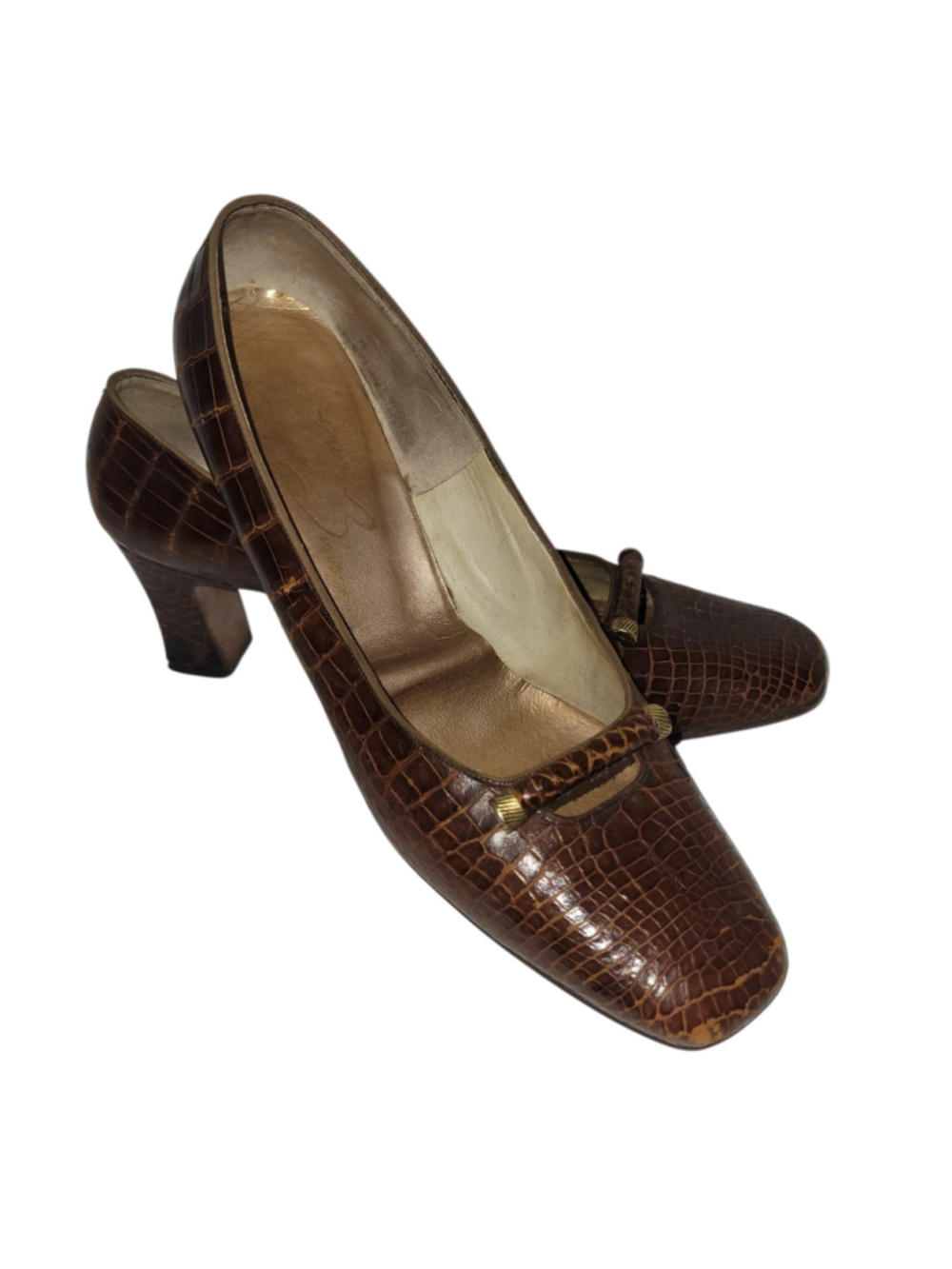 Evins Vintage Women Alligator Leather Block Heel Brown 7.5AA Pre-owned Condition
